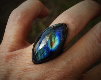 Large labradorite ring size 7, oxidized sterling silver jewelry