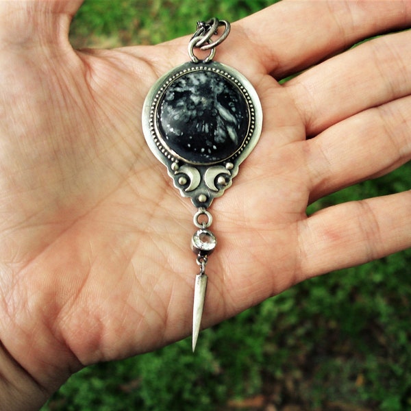 Chysanthemum stone and clear topaz spike necklace, gothic twin moon jewelry, large oxidized silver pendant