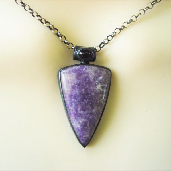 Lepidolite and amethyst triangle necklace, oxidized 925 silver jewelry, gothic pendant