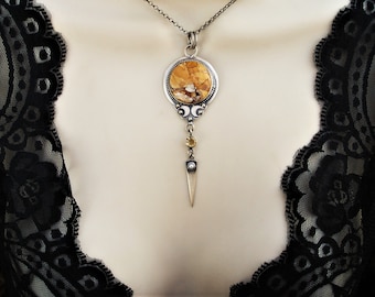 Brecciated mookaite and critine spike necklace, gothic twin moon jewelry, large oxidized silver pendant