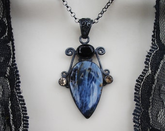 Blue black pietersite ,smoky quartz and black onyx oxidized 925 sterling silver necklace