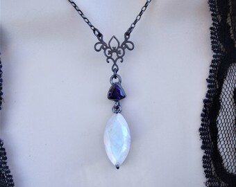 Rainbow moonstone and amethyst y necklace in oxidized sterling silver