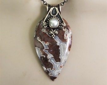 Crazy lace agate and pearl necklace, oxidized sterling silver jewelry, large stone pendant