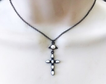 Freshwater Pearl cross in oxidized 925 sterling silver