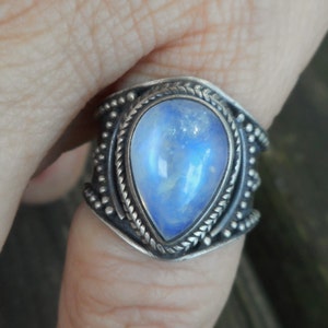 Moonstone ring size 6, oxidized sterling silver rings, blue moonstone jewelry