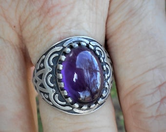Purple amethyst ring, oxidized sterling silver rings, tribal style jewelry