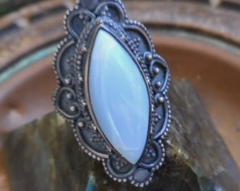 Blue owyhee opal size 6 1/2 marquise ring, oxidized 925 sterling silver jewelry
