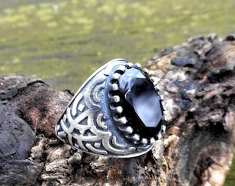 Black onyx ring size 7 1/2, sterling silver jewelry, stone rings