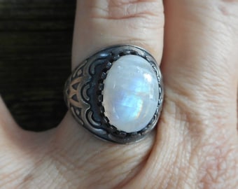 Rainbow moonstone ring size 6 1/2, oxidized sterling silver jewelry