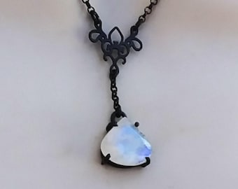 Rainbow moonstone necklace, oxidized sterling silver jewelry, gothic style pendant