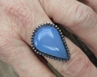 Blue chalcedony ring size 8 1/2, teardrop rings, oxidized sterling silver jewelry