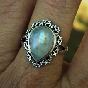 Moonstone ring size 8 1/2, blue moonstone sterling silver rings, rainbow moonstone jewelry