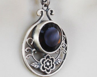 Smoky quartz floral sterling 925 silver lightly oxidized necklace
