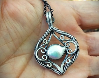 Freshwater pearl necklace, oxidized 925 sterling silver pendant