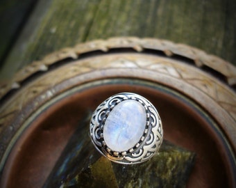 Rainbow moonstone ring, size 8 rings, oxidized sterling silver jewelry