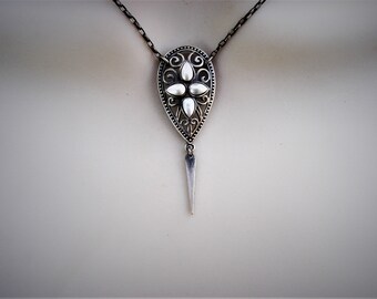 Pearl necklace, oxidized sterling silver jewelry, medieval style pendant