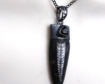 Black orthoceras and faceted black onyx necklace, gothic jewelry, large oxidized sterling silver pendant