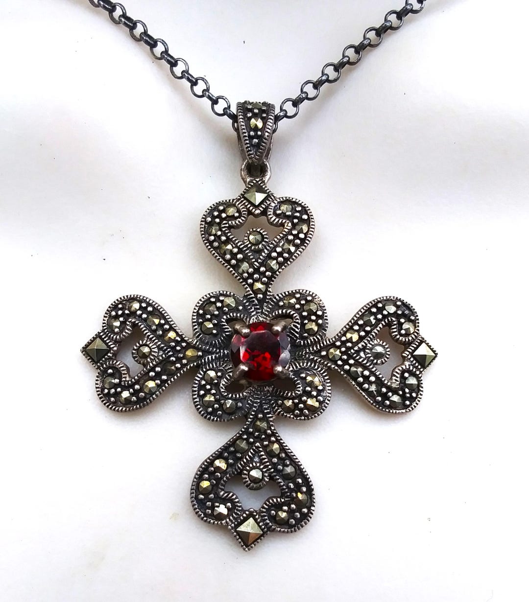 Vintage Marcasite Garnet Fleur De Lis Style Cross in Sterling Silver - Etsy