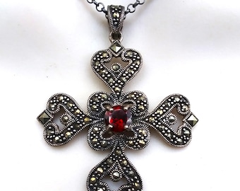 Vintage marcasite garnet fleur de lis style cross in sterling silver