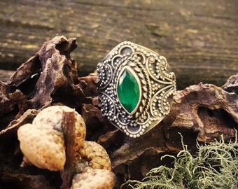 Green onyx oxidized sterling silver marquise ring size 8