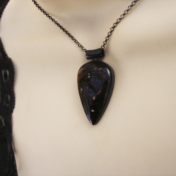 Nuummite in a large teardrop darkly oxidized sterling silver pendant necklace