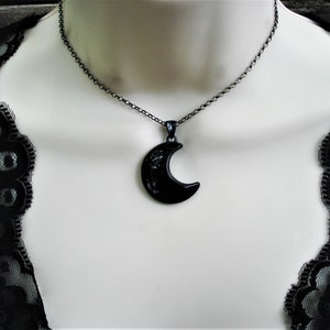 Black obsidian crescent moon necklace, gothic black jewelry, large oxidized sterling silver pendant
