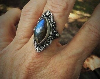 Labradorite ring size 8 3/4, marquise rings, oxidized 925 sterling silver jewelry