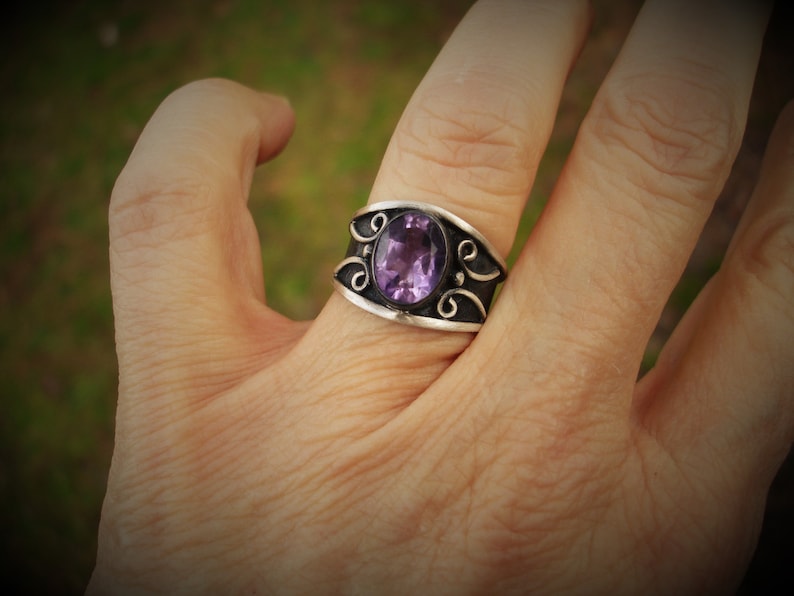 Purple amethyst ring size 7 February birthstone rings oxidized silver jewelry