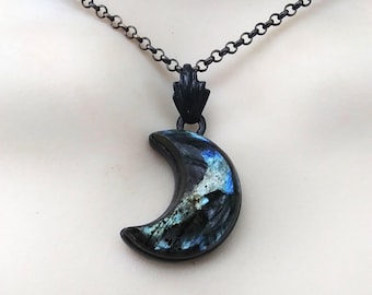 Larvikite crescent moon necklace, gothic black jewelry, oxidized sterling silver pendant