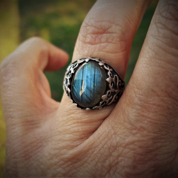 Labradorite ring size 6 3/4, oxidized silver jewelry, spectralite rings