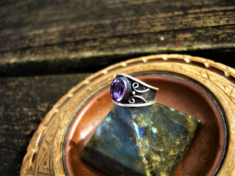 Purple amethyst ring size 7 February birthstone rings oxidized silver jewelry
