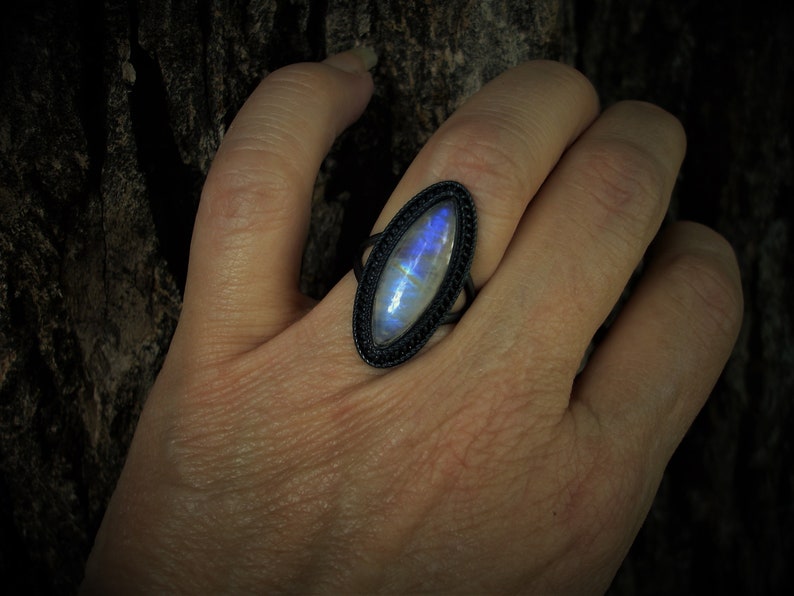 Moonstone ring size 7 large marquise rings oxidized silver jewelry