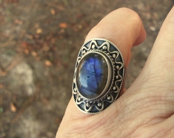 Labradorite ring size 6 1/2, oxidized sterling silver rings