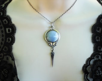 Blue owyhee opal spike necklace, gothic twin moon jewelry, large oxidized silver pendant
