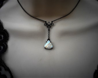 Rainbow moonstone necklace, oxidized silver jewelry, gothic style pendant