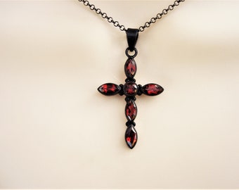 Red garnet cross necklace, rosary jewelry, oxidized sterling silver pendant