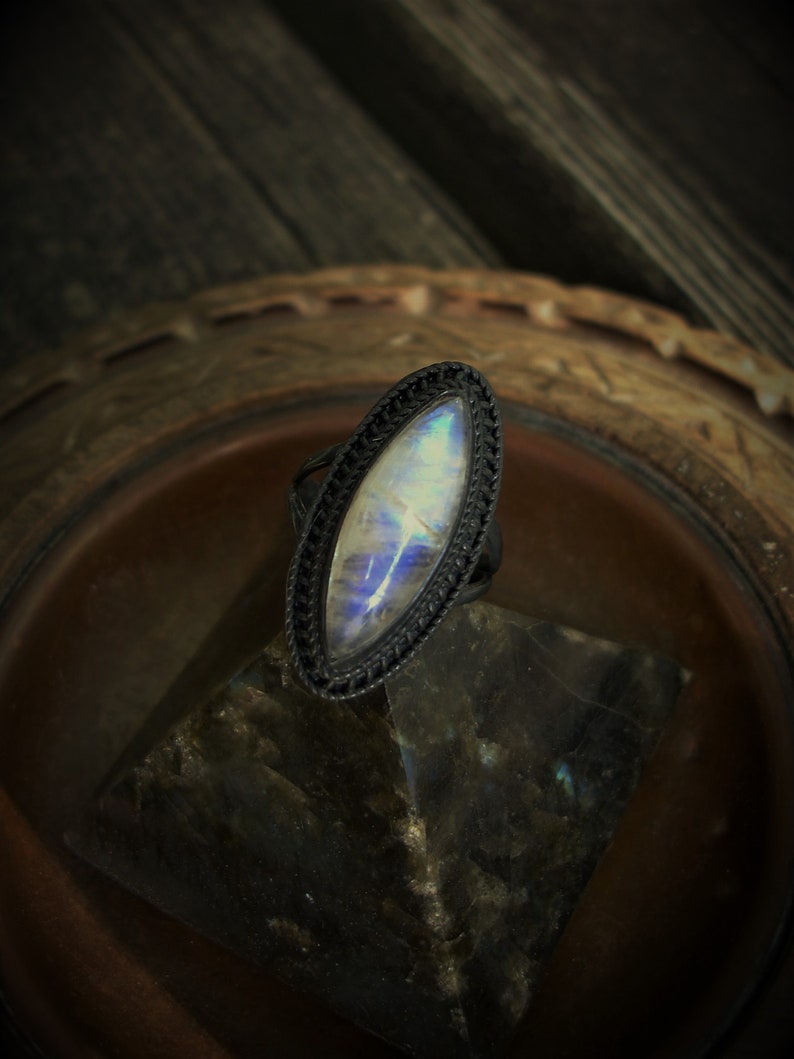 Moonstone ring size 7 large marquise rings oxidized silver jewelry