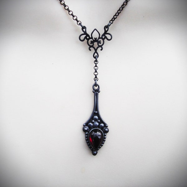 Garnet teardrop in oxidized sterling silver y drop necklace