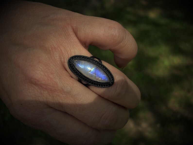 Moonstone ring size 7 large marquise rings oxidized silver jewelry