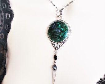 Malachite chrysocolla spike necklace, gothic twin moon jewelry, large oxidized silver pendant