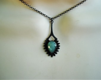 Aqua blue green chalcedony necklace, oxidized sterling silver jewelry, gothic pendant