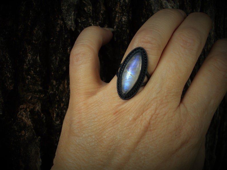 Moonstone ring size 7 large marquise rings oxidized silver jewelry