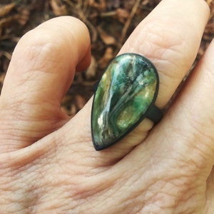 Green kyanite oxidized sterling silver ring size 7
