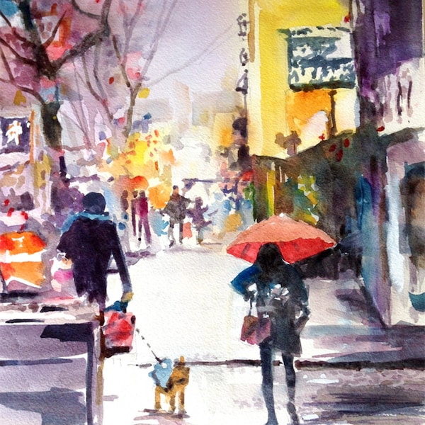 City Street, Urban Scene, Painting Original Watercolor