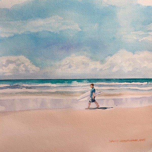 Surfer Walking the Beach Orignal Watercolor Painting