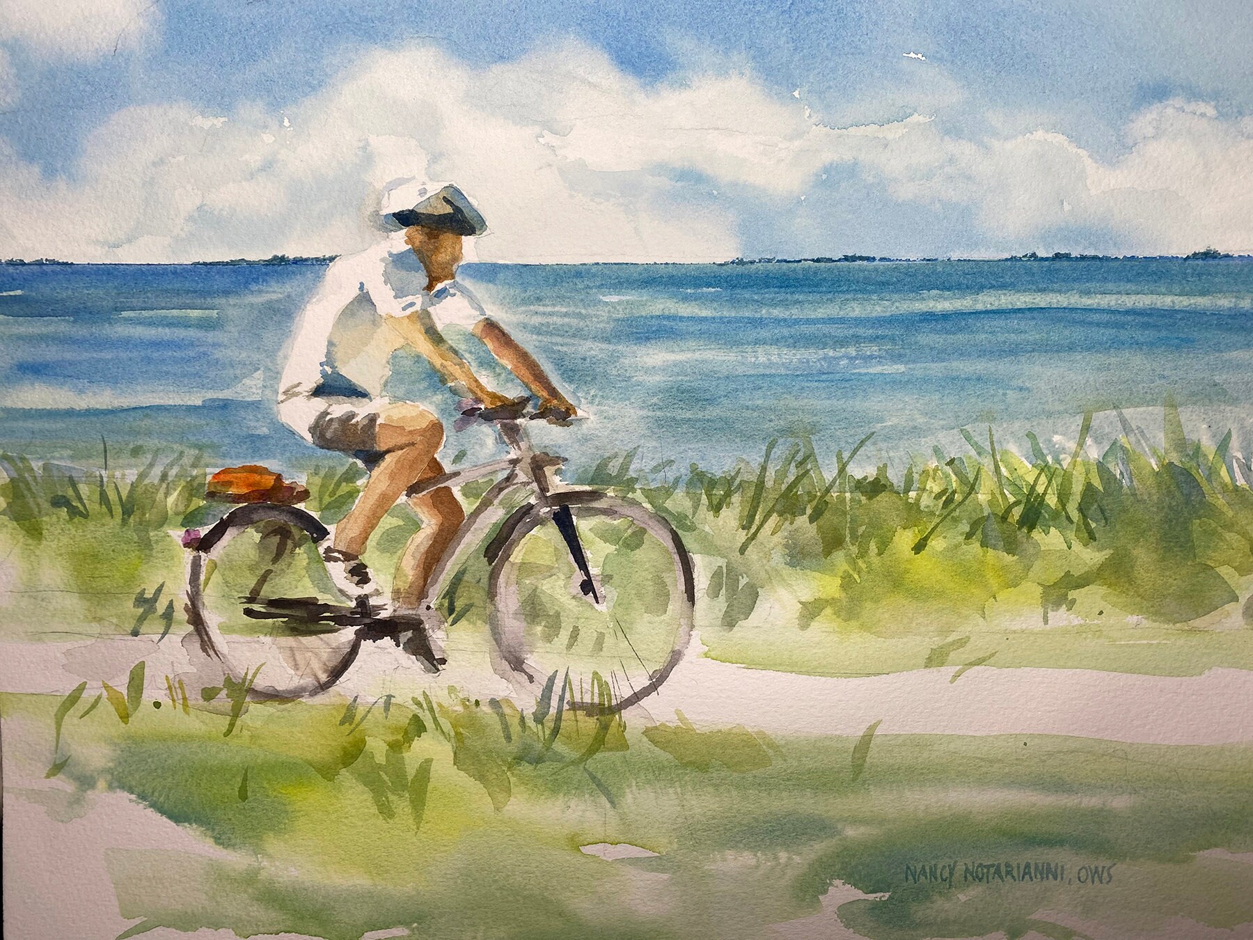 Biking Along the Water Original Watercolor Painting