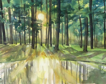 Forest Sunrise Original Watercolor Painting