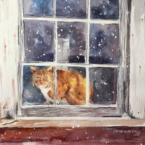 Cat in Window Original Watercolor Painting