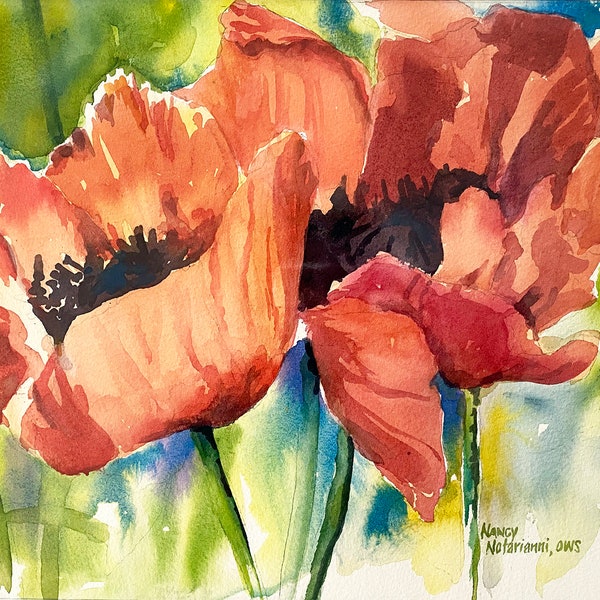 Two Red Poppies Original Watercolor Painting