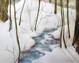 Winter Stream Snowy Landscape Original Watercolor Painting